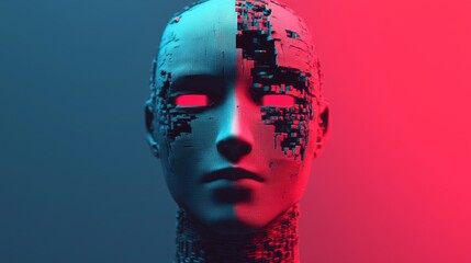 Glitchy Robotic Face Render with Digital Distortion in Bright Color Palette