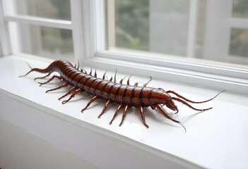 Obraz premium A giant centipede crawling on a white surface near a window