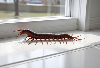 Fototapeta premium A giant centipede crawling on a white surface near a window