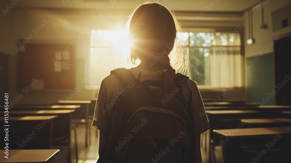 Poster student in classroom with soft light and visual focus