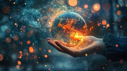 Hands holding glowing earth in cosmic atmosphere