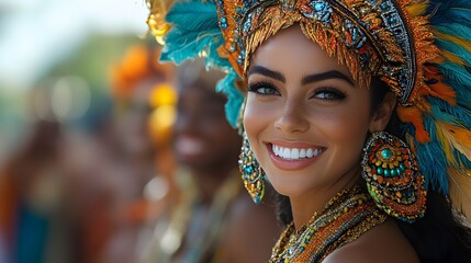 Fototapeta premium Group of samba dancers in dazzling costumes performing near a colorful parade float