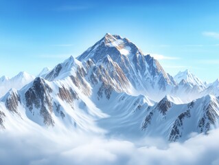 Obraz premium aerial view of snow-covered Everest mountain peaks under a clear blue sky. rugged terrain is highlighted by sharp ridges and glistening white snow, wallpaper background. 
