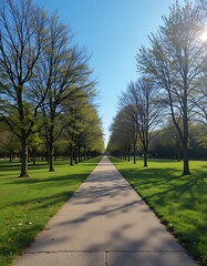Sunlit Pathway Through Rows Of Spring Trees