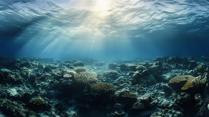 Fototapeta premium A breathtaking panoramic view of an underwater world. Seafloor. Illustration