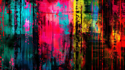 Dynamic glitch art featuring bold red, blue, yellow, and green tones with layered digital distortions, abstract patterns, and vibrant textures.  
