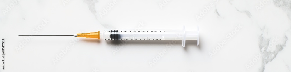 Poster minimalistic photo of syringe with drop of medicine on clean surface with copy space