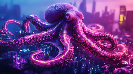 Fototapeta premium A colossal octopus constructing an intricate, latticework metropolis on the seafloor of the atlantic, on a futuristic, neon-lit map. Seafloor. Illustration