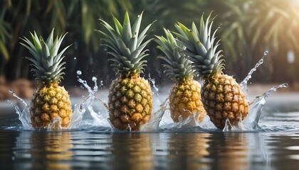 Obraz premium Pineapples falling into water with splashing and water droplets, against a blurred background