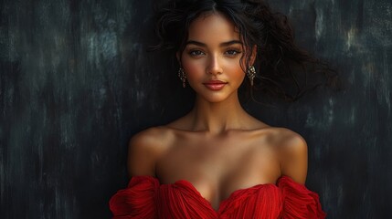 Woman with curly hair wears a vibrant red off-shoulder dress and earrings, standing against a textured dark background
