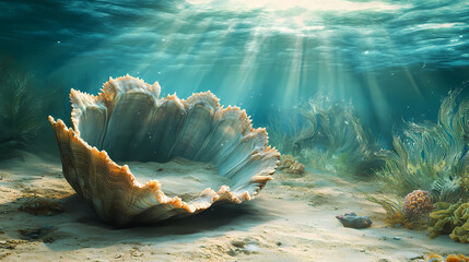 A giant clamshell lies open on the sandy seafloor with anemones and sea fans waving gently in the current, seashore, clamshell, anemone. Seafloor. Illustration
