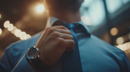 Man Adjusting His Necktie Before An Important Event