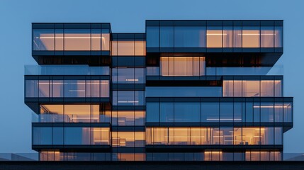 Fototapeta premium Sleek Modern Office Building with Glass Facade and LED Lights at Dusk in Urban Setting