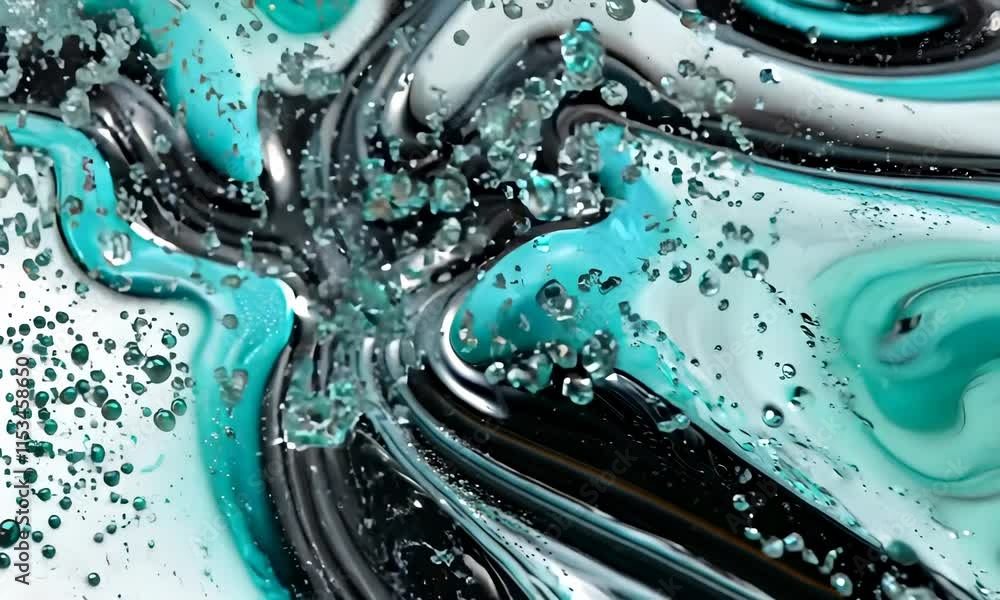 Poster an abstract composition featuring swirling patterns of turquoise and black with bubbles and droplets