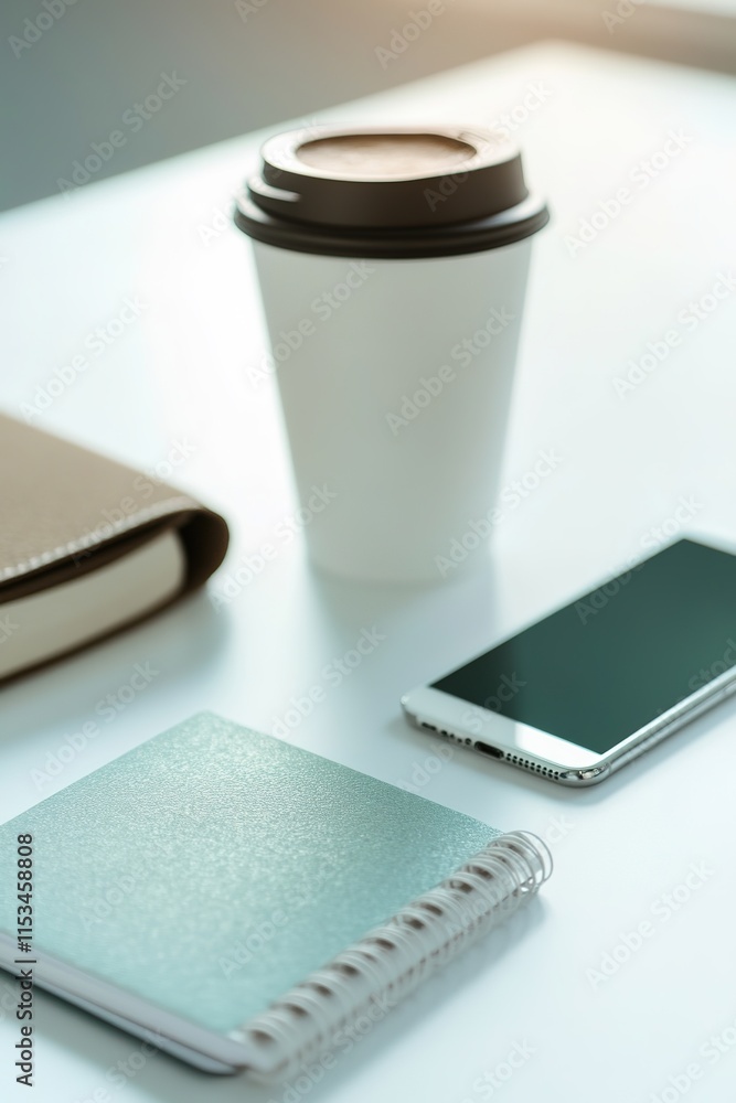 Poster clean white desk with coffee cup notebook and smartphone lying on it under soft diffused lighting