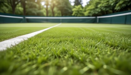 Naklejka premium A lush green grass on a tennis court, with a blurred background of trees and foliage