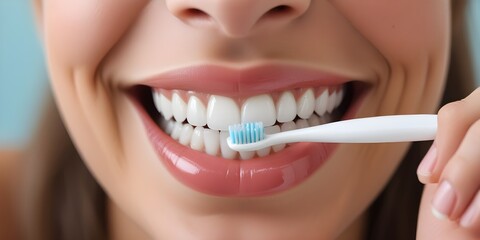 Fototapeta premium A smiling mouth with white teeth and a toothbrush