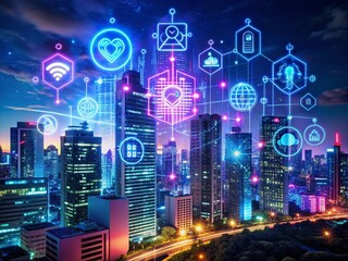 Futuristic AI Technology & Healthcare Night Scene: Thin Line Icons Infographic