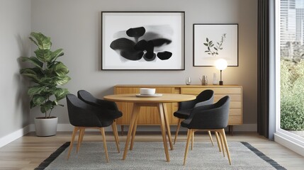 Modern dining room with round wooden table, four black chairs, sideboard, and artwork.