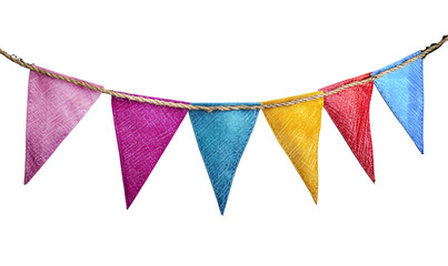 Bright colorful bunting garland. Party flags on rope. Textured fabric. Birthday celebration, wedding anniversary. Holiday Festa Junina decor. Isolated overlay object, banner on background