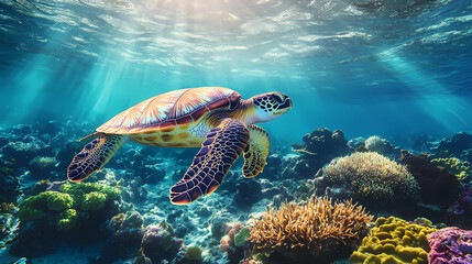 Obraz premium A turtle swimming in an ocean filled with corals and sea anemones on the seafloor. Seafloor. Illustration