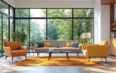 A bright and airy living room with mid-century modern design, colorful accents, minimalist furniture, and large windows framing a serene outdoor view
