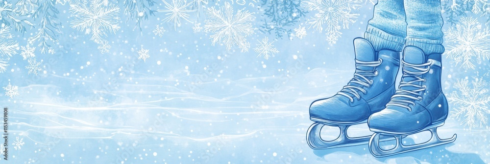 Poster winter doodle featuring ice skates with a snowy blue background and delicate snowflakes drifting dow