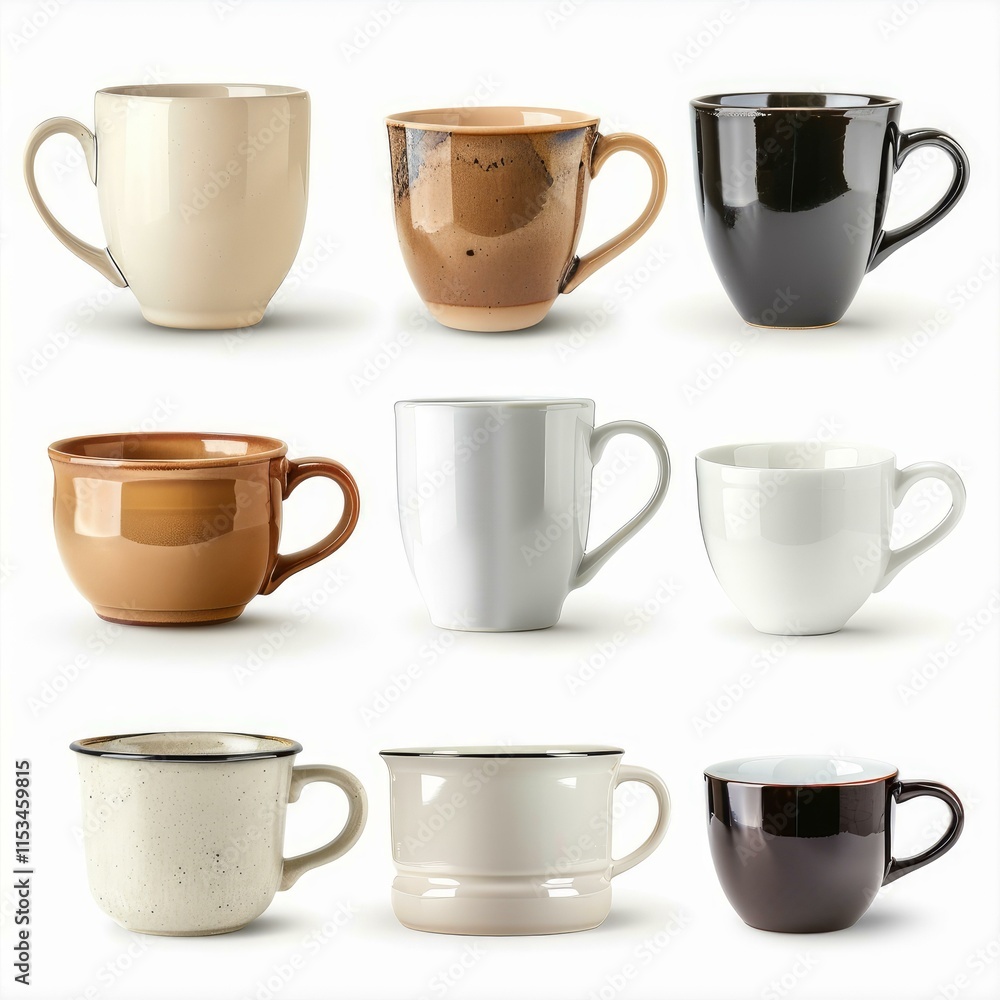 Poster nine empty ceramic mugs of different shapes, sizes, and colors, creating a diverse collection for va