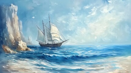 Fototapeta premium Serene Oil Painting: Sailing Ship Gracefully Navigates Coastal Waters. AI Generated