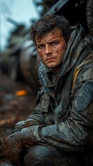 Fototapeta premium Weary, mud-covered soldier sits beside military equipment, looking contemplative, with an overcast, somber atmosphere surrounding the scene