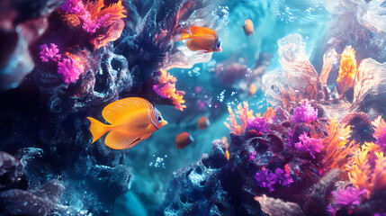 Obraz premium Abstract underwater digital art featuring vibrant fish and colorful coral in a surreal aquatic environment. Seafloor. Illustration