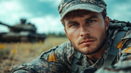 Obraz premium Soldier in camouflage uniform poses outdoors with a blurred military tank in the background, under a partly cloudy sky