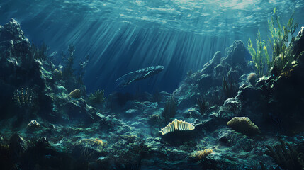 An illustration of silurian period seafloor scene million years ago. pictured are caryocrinites, crinoids, coelacanth, eurypterids, rugosa, & trilobites. Seafloor. Illustration