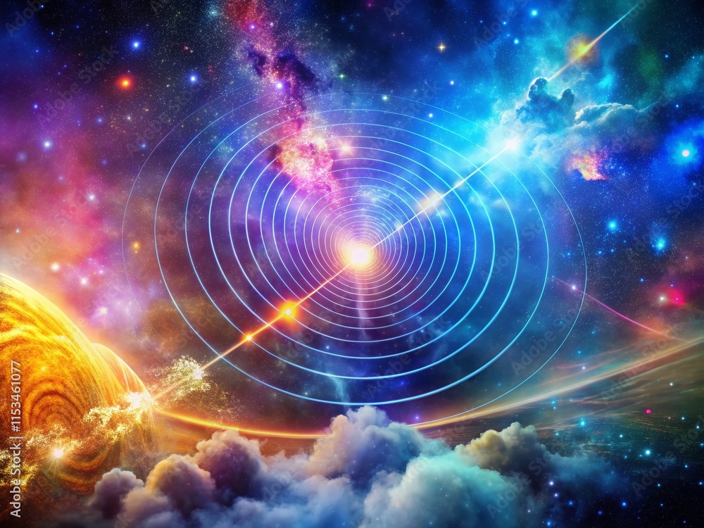 Poster futuristic radio wave signal: bright connection & searching process double exposure
