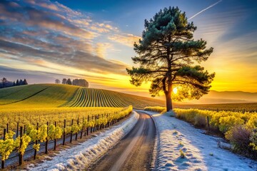 Fototapeta premium Winter Sunset Vineyard Road: Lone Pine, Rapeseed, Macro Detail
