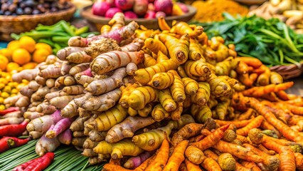 Fototapeta premium Southeast Asian Market Spices: Vibrant Ginger, Turmeric, & Tropical Roots for Sale