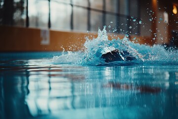 professional swimmer diving into pool with focus on splash and water movement