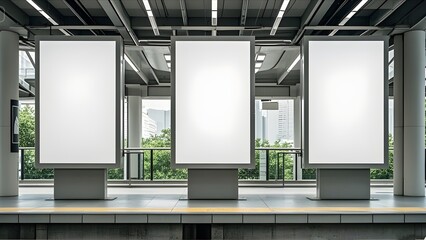 Front view of three empty white billboard screens at the metro station