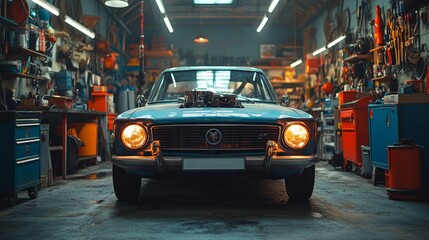 Vintage blue car inside a cluttered garage, surrounded by various tools, equipment, and shelves, with warm lighting overhead