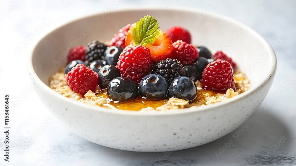 Poster simple serving of oatmeal topped with fresh berries and honey drizzle resting in white bowl under di