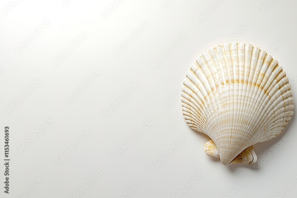 Poster seashell placed delicately on white background with soft lighting highlighting its intricate details