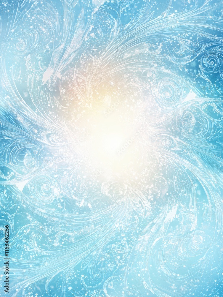 Poster Frost patterns on glass create a mesmerizing winter wonderland in intricate icy designs and brilliant blue hues. Generative AI