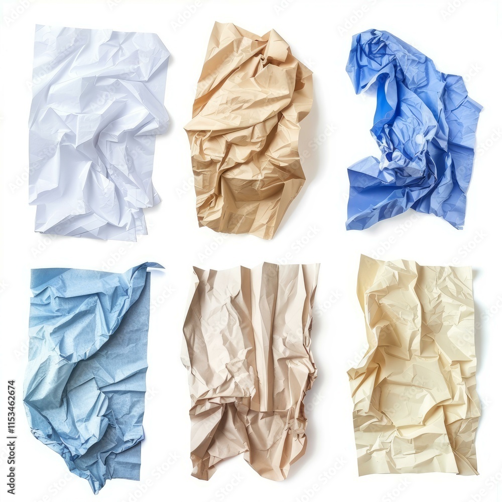 Poster collection of crumpled paper in various colors and textures forming abstract shapes, isolated on a w