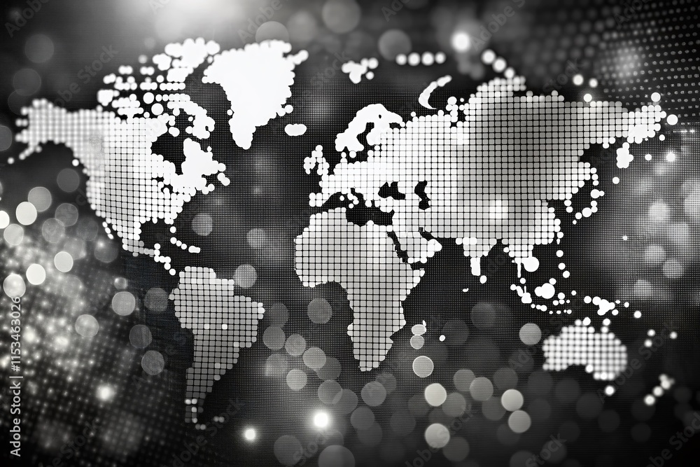 Poster global connectivity: bokeh world map - stock photo