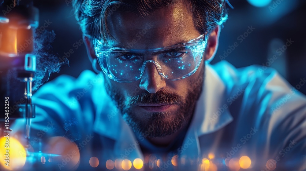 Aufkleber focused scientist wears protective goggles and a lab coat, working on an intricate experiment under 