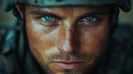 This image shows a close-up of a person wearing military gear, focusing on their intense expression and striking blue eyes