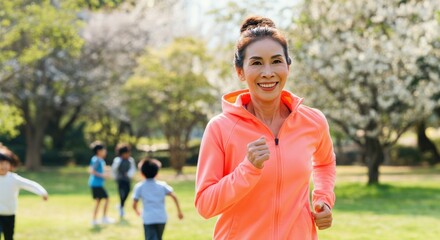 Asian mature female jogger enjoys springtime fitness in vibrant park setting