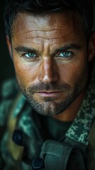 Fototapeta premium Man with a serious expression, wearing a military camouflage uniform, is looking directly at the camera with intensity