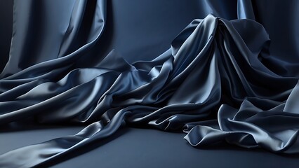 Gorgeous background of dark blue silk satin. lustrous fabric with gentle folds. opulent backdrop with room for creativity. banner on the web. The tabletop perspective in flat lay. Valentine's Day and 