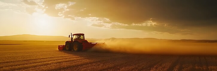 Obraz premium The idea of ​​using modern machinery in agriculture and simplifying farming methods in agriculture. A tractor drives through a field and dust rises in the golden light of dawn.